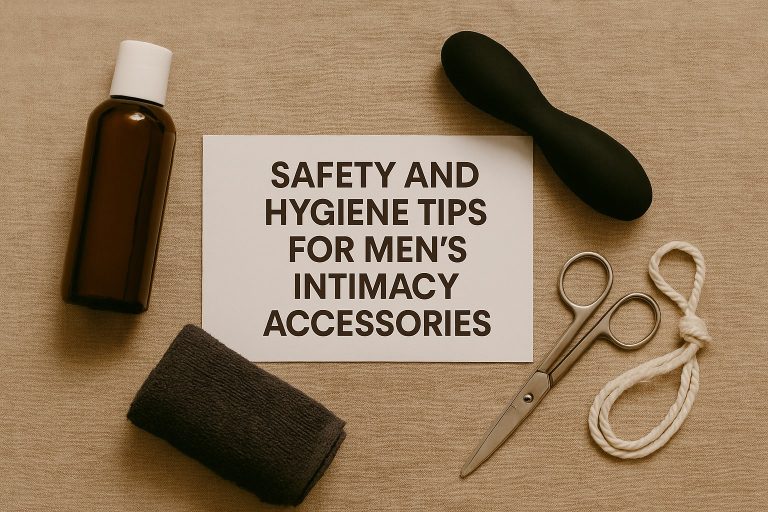 A bottle, towel, black adult toy, scissors, rope, and a card reading "Safety and Hygiene Tips for Men's Intimacy Accessories," all thoughtfully arranged on a beige surface to highlight men’s intimacy accessory safety.