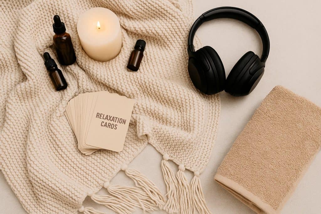 A black headset, brown towel, candle, three dropper bottles, relaxation cards, and a knit blanket—perfect emotional connection tools for couples seeking bonding relaxation practices on a cozy beige surface.