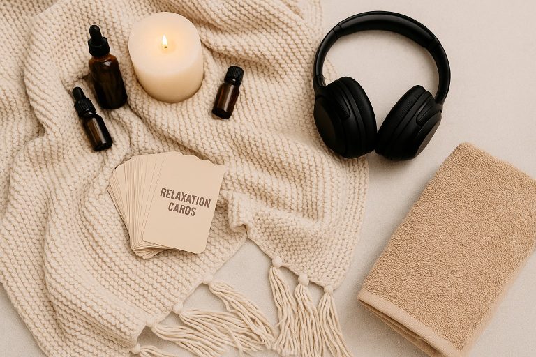 A black headset, brown towel, candle, three dropper bottles, relaxation cards, and a knit blanket—perfect emotional connection tools for couples seeking bonding relaxation practices on a cozy beige surface.