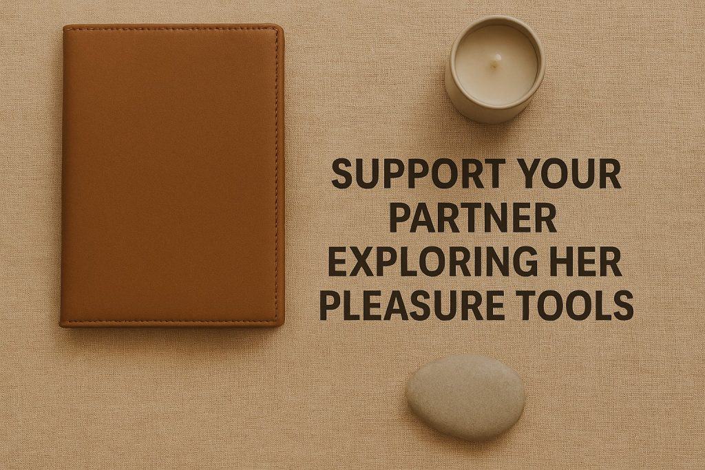 A brown notebook, a beige candle, and a smooth stone are arranged on a tan surface next to the text: "Support your partner exploring her pleasure tools for shame-free intimacy for couples.