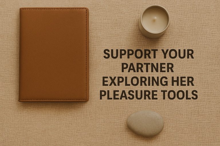 A brown notebook, a beige candle, and a smooth stone are arranged on a tan surface next to the text: "Support your partner exploring her pleasure tools for shame-free intimacy for couples.