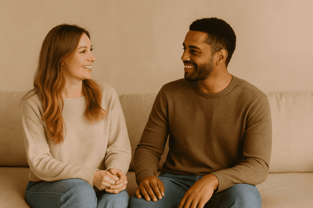 Two people sit on a couch facing each other, smiling and engaging in conversation. Both are wearing casual sweaters and jeans.