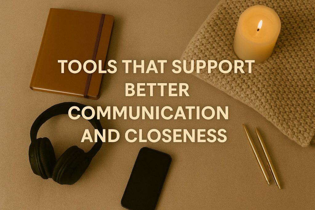 Notebook, candle, knit fabric, headphones, smartphone, and two pens arranged on a beige surface, with the text "Tools that support healthy couple communication and closeness" overlayed.