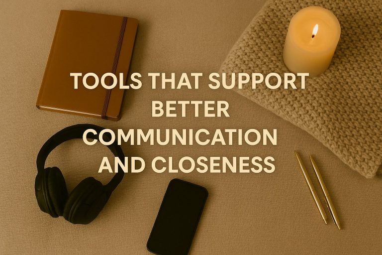 Notebook, candle, knit fabric, headphones, smartphone, and two pens arranged on a beige surface, with the text "Tools that support healthy couple communication and closeness" overlayed.