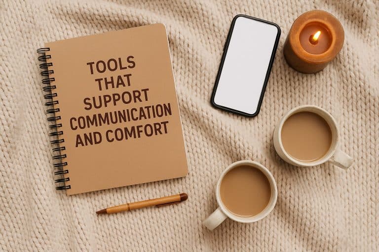 A notebook labeled "TOOLS THAT SUPPORT COMMUNICATION AND COMFORT," a pen, two cups of coffee, a lit candle, and a smartphone rest on a beige knit blanket—perfect couples tools for communication and comfort.