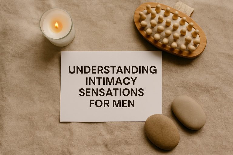 A card reading "Understanding Intimacy Sensations for Men" rests on fabric, accompanied by a lit candle, massage brush, and two smooth stones—inviting solo exploration and understanding stimulation for men.