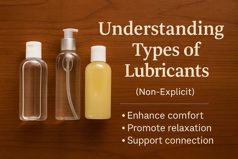 Three bottles of lubricant on a wooden surface next to text that reads: "Understanding Types of Lubricants (Non-Explicit)" with a bulleted list of benefits for choosing comfort-focused or water-based lubricants.