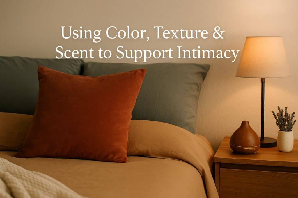 A neatly made bed with earth-toned bedding, a rust-colored pillow, a bedside lamp, a diffuser, and a small vase of lavender; text reads, "Using Color, Texture & Scent Intimacy: Sensory intimacy tools for deeper connection.