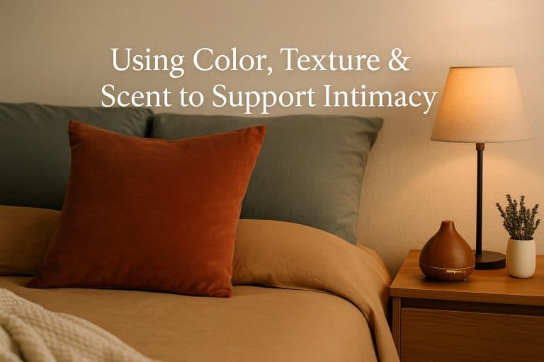 A neatly made bed with earth-toned bedding, a rust-colored pillow, a bedside lamp, a diffuser, and a small vase of lavender; text reads, "Using Color, Texture & Scent Intimacy: Sensory intimacy tools for deeper connection.