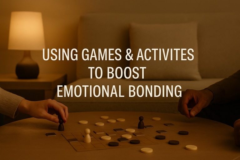 Two people play a board game on a round table in a cozy living room. The text reads: "Using couples bonding games to boost emotional bonding.