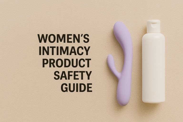Text reading "Women's Intimacy Product Safety Guide" beside a purple silicone vibrator and a white bottle on a beige background, highlighting women’s wellness tools and safe intimacy practices.